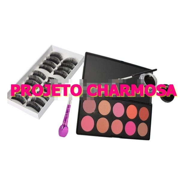 Kit blush + delineadores + cílios postiços